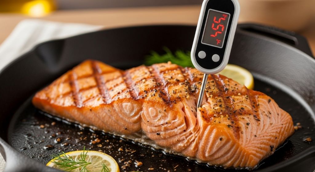 Digital instant-read thermometer inserted into thick salmon fillet showing internal temperature for proper doneness