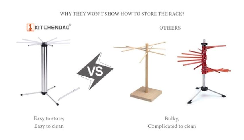 KitchenDAO pasta drying rack set up in a kitchen during review.