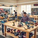 Beginner cordless power tools setup on a workbench