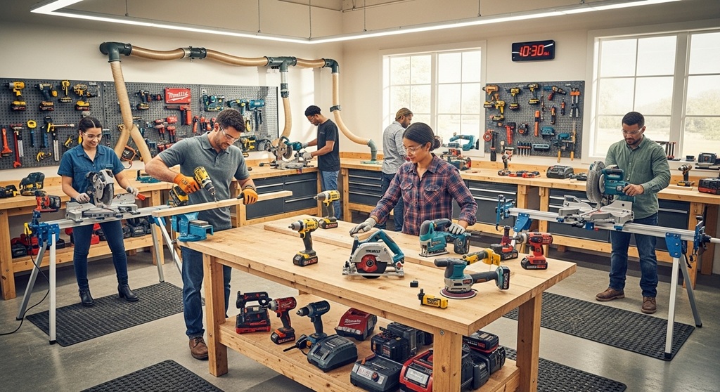 Beginner cordless power tools setup on a workbench