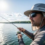 angler wearing polarized sunglasses while fishing under bright sunlight