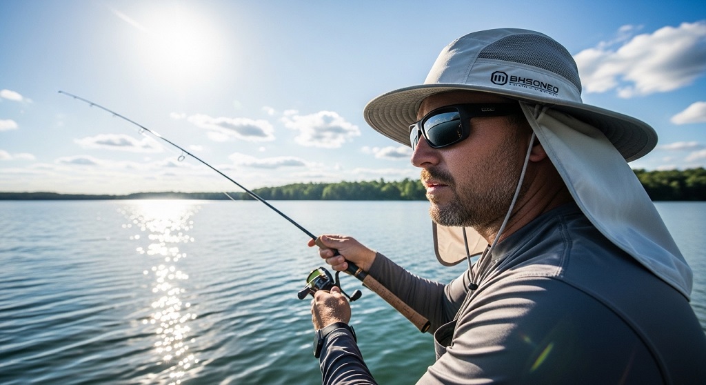 angler wearing polarized sunglasses while fishing under bright sunlight