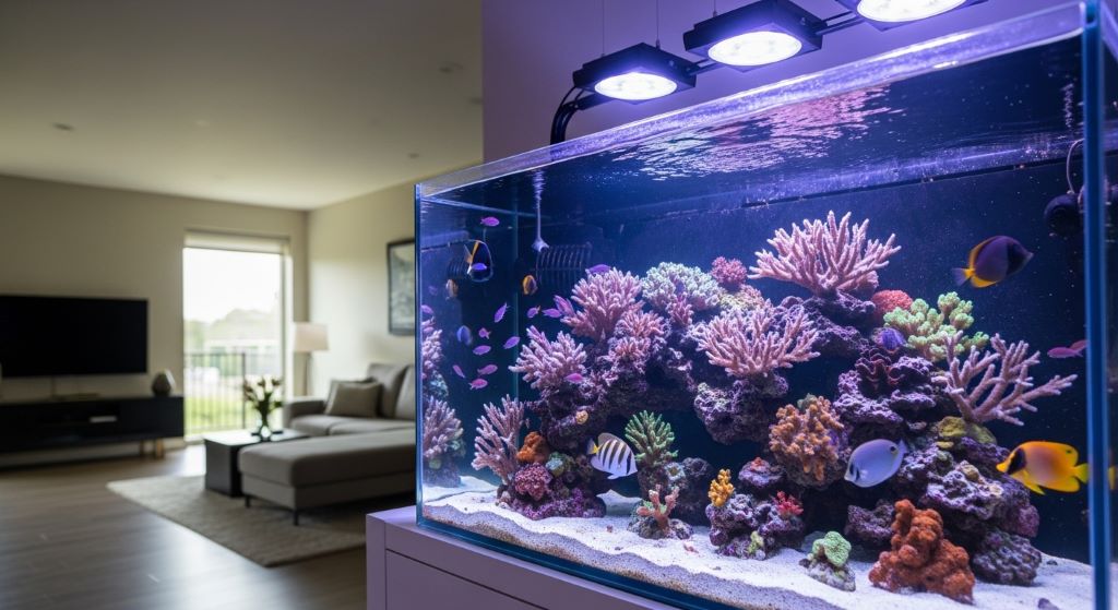A vibrant saltwater aquarium with colorful tropical fish, live coral, and glowing LED lighting set up in a modern home living room