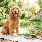 Natural dog ear cleaner wipes container next to a happy Golden Retriever on a bright table.