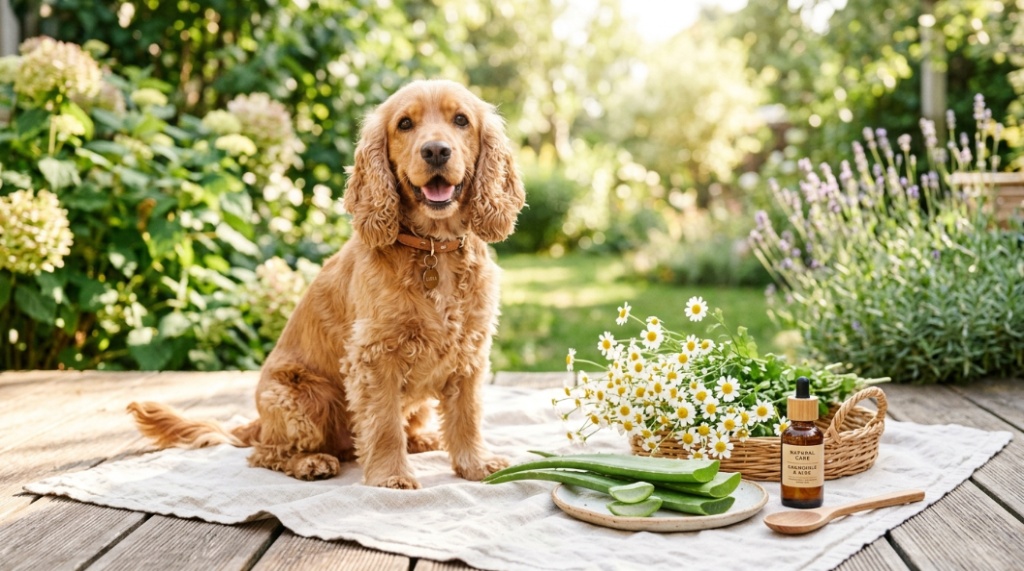 Natural dog ear cleaner wipes container next to a happy Golden Retriever on a bright table.