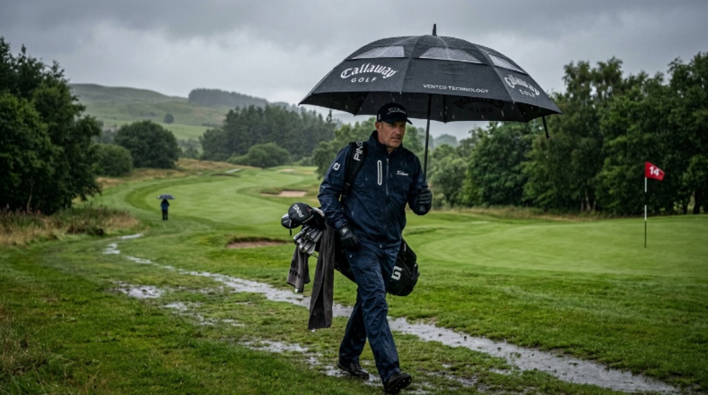 A golfer holding a large heavy-duty golf umbrella with a vented canopy on a rainy golf course fairway