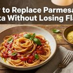 A bowl of spaghetti on a wooden table next to a small dish of grated nutritional yeast.