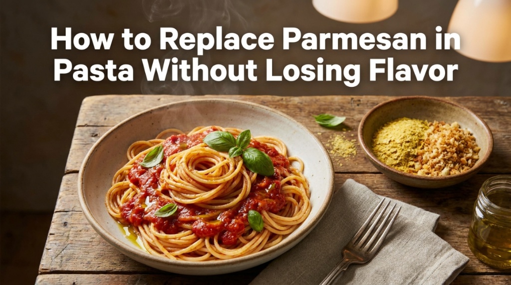 A bowl of spaghetti on a wooden table next to a small dish of grated nutritional yeast.