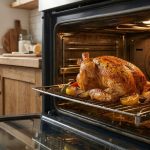 Modern smart air fryer oven with digital touchscreen on kitchen counter.