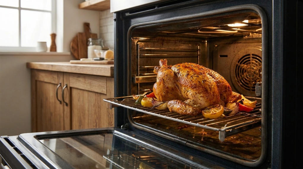 Modern smart air fryer oven with digital touchscreen on kitchen counter.