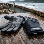 Angler holding fresh salmon against Alaskan mountains wearing fingerless budget fishing gloves.