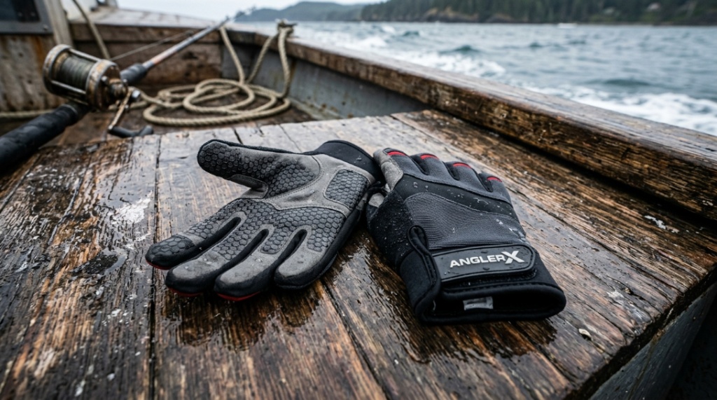 Angler holding fresh salmon against Alaskan mountains wearing fingerless budget fishing gloves.