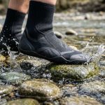 Person wearing durable neoprene water socks stepping onto wet river rocks.