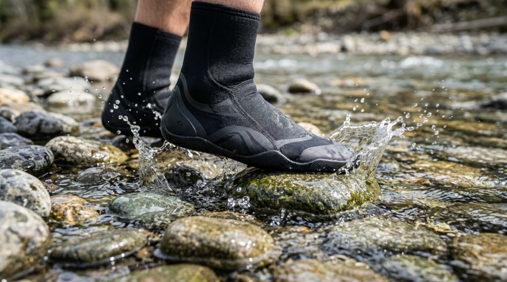 Person wearing durable neoprene water socks stepping onto wet river rocks.