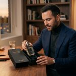 Three luxury men's cologne bottles sitting next to an open laptop on a desk.