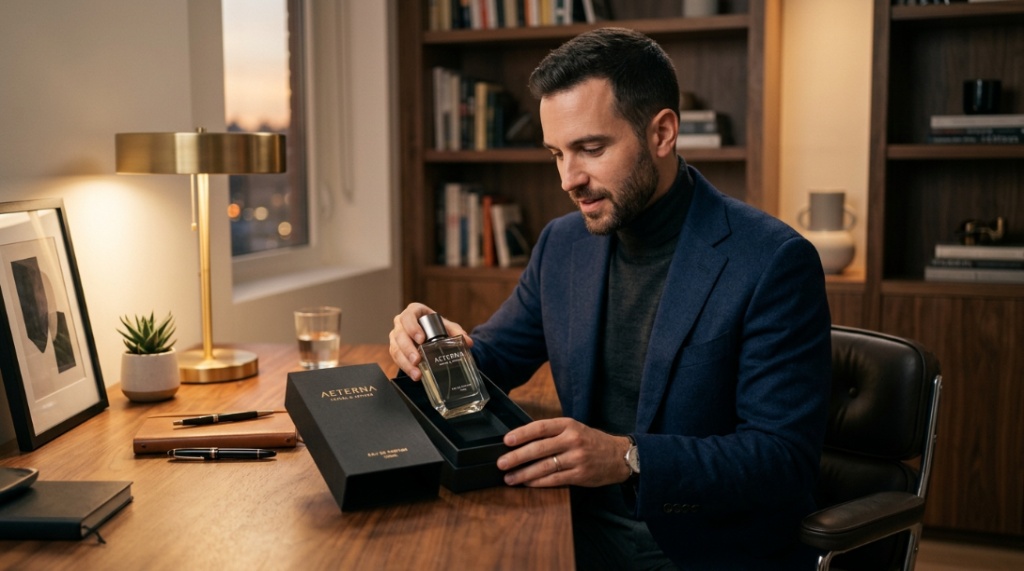 Three luxury men's cologne bottles sitting next to an open laptop on a desk.