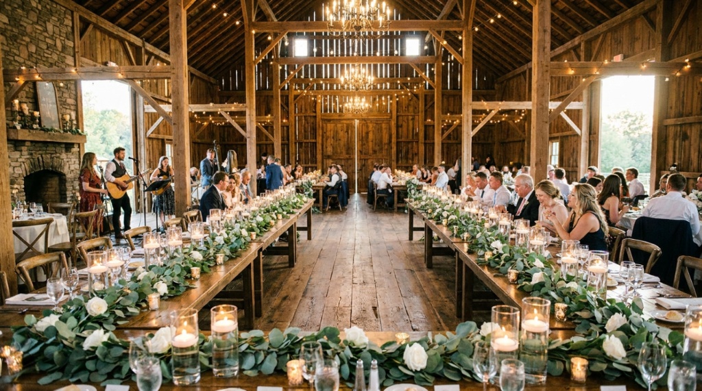 White roses and eucalyptus garlands on wooden tables at a rustic wedding reception.