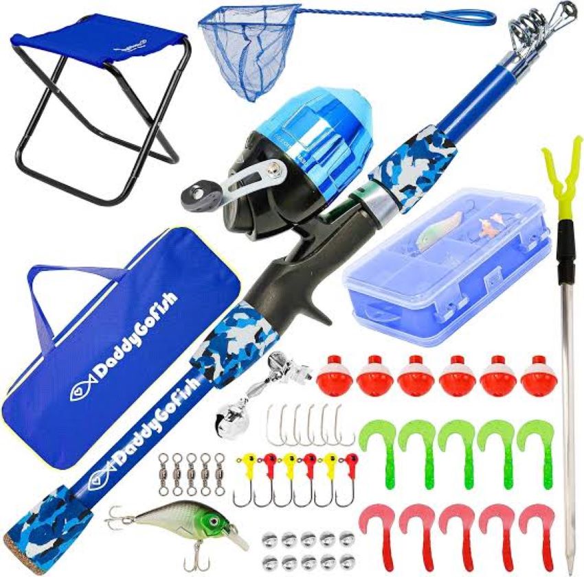 Beginner kids fishing pole with rod, reel, and tackle by the lake