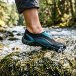 Person wearing teal water socks stepping onto a wet river rock.