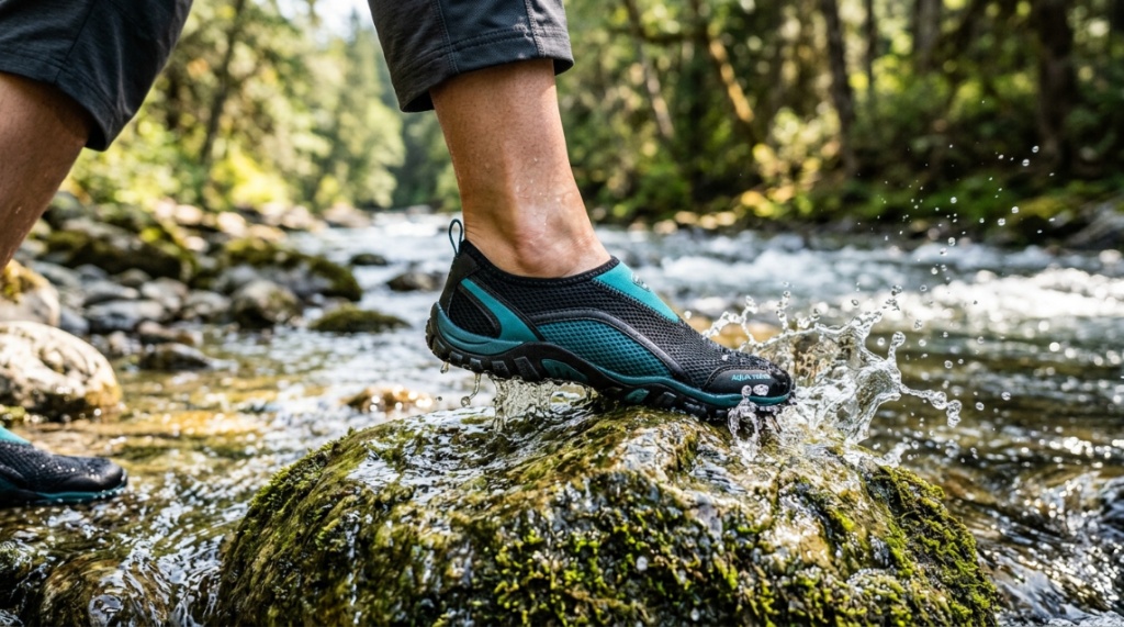 Person wearing teal water socks stepping onto a wet river rock.