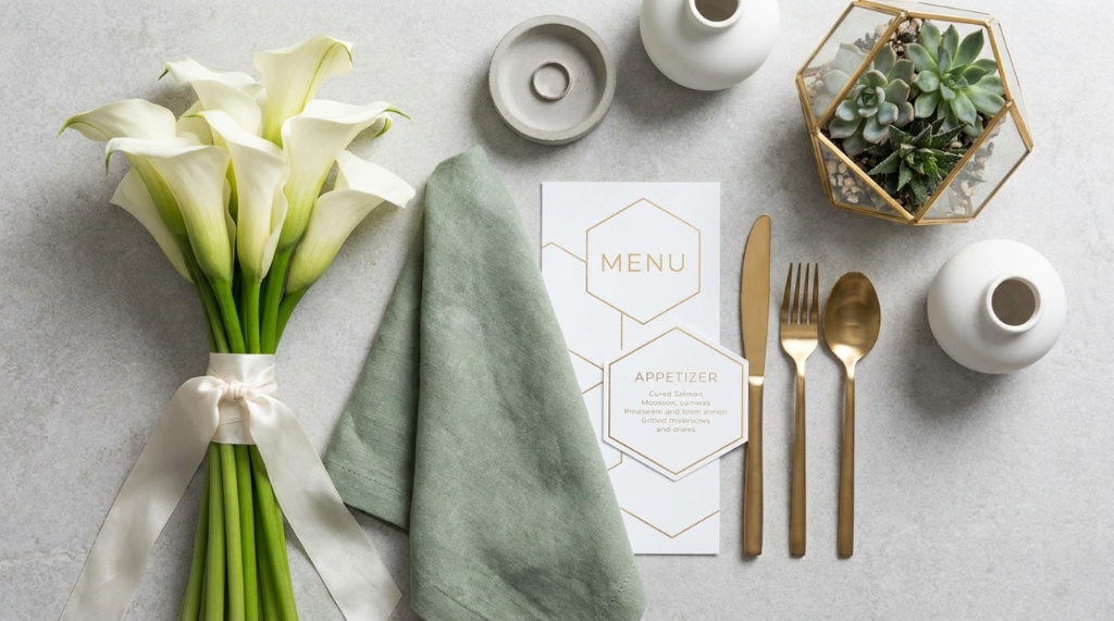 White calla lilies paired with geometric gold decor on a wedding table.