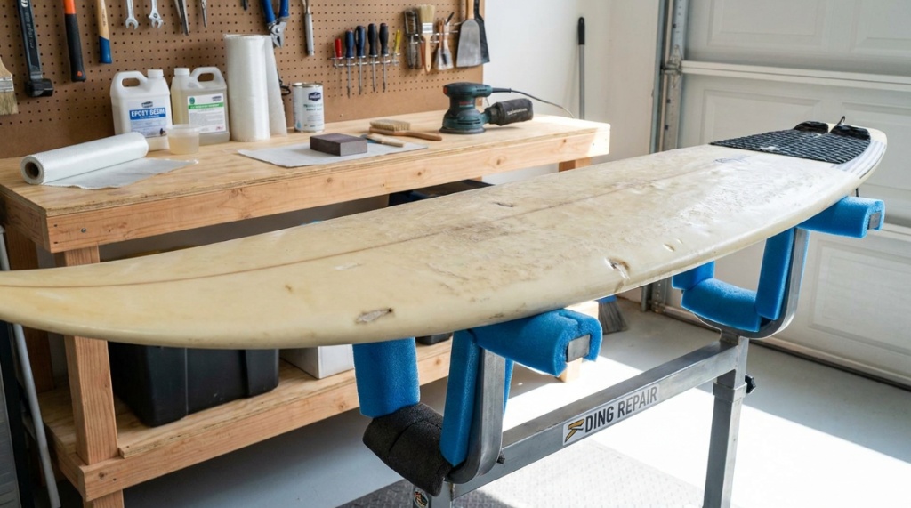 A person carefully applies solar resin to a stable surfboard rail during a repair.