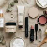 Minimalist beauty products arranged on a sunlit marble bathroom vanity countertop.