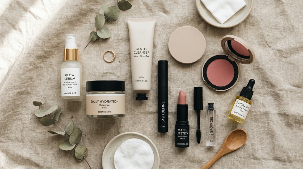 Minimalist beauty products arranged on a sunlit marble bathroom vanity countertop.