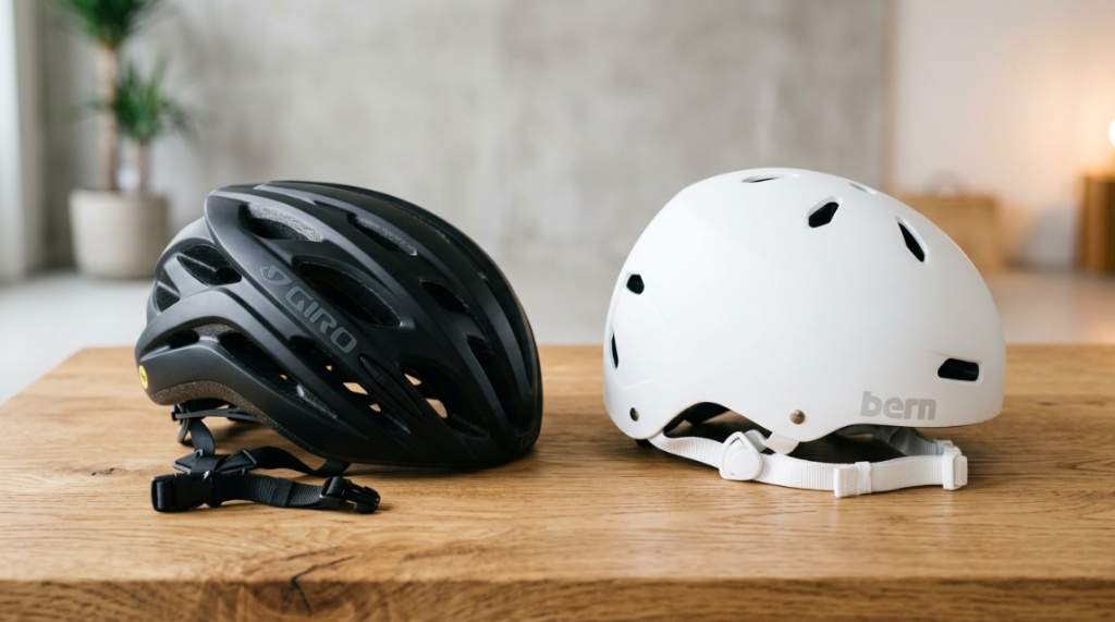 A matte black bicycle helmet and white skateboard helmet sitting side by side on a wooden table.