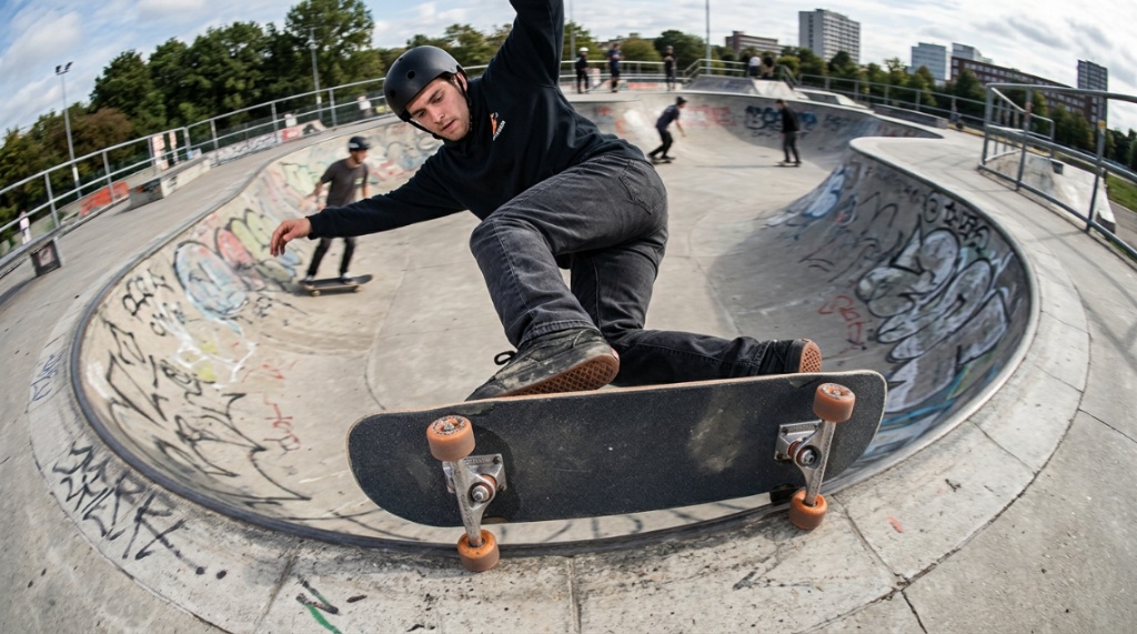 Voyager skateboard displayed alongside a protective sports helmet on concrete.