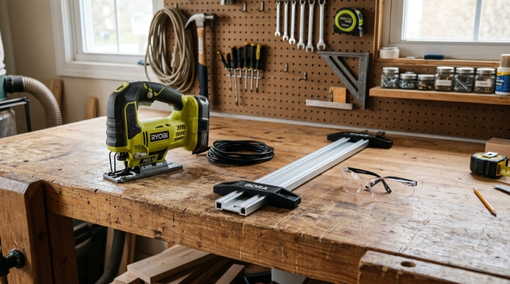 Close-up of a jigsaw cutting smoothly through plywood on a workbench.