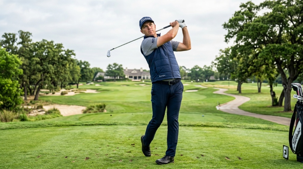Golfer wearing a navy golf vest completes a swing on a green course.