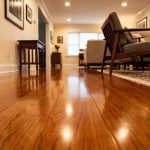Shark vacuum mop standing on clean oak hardwood floors in a sunlit living room.