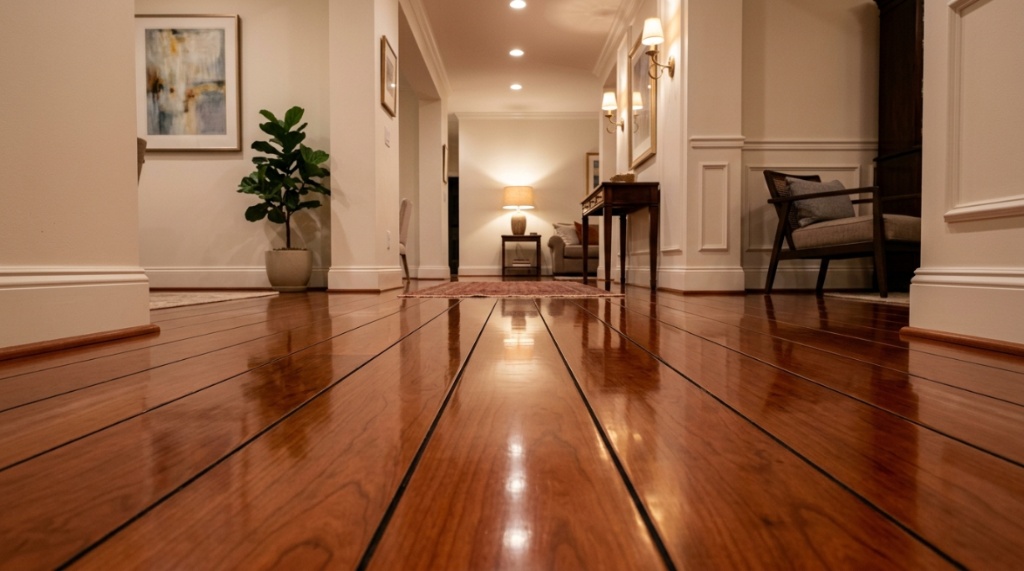 Gleaming, streak free cherry hardwood floors reflecting soft light after being cleaned.