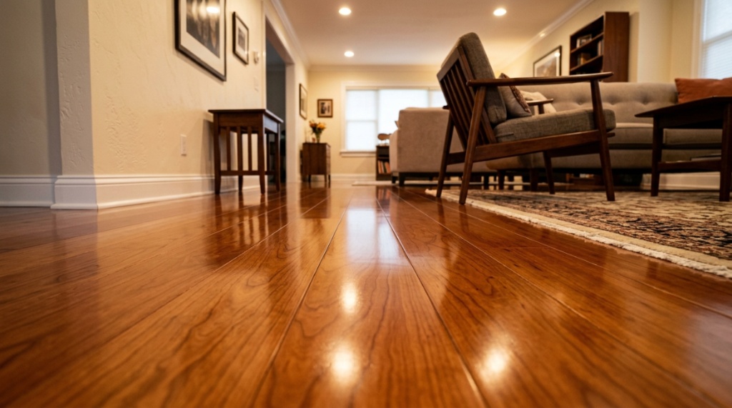 Shark vacuum mop standing on clean oak hardwood floors in a sunlit living room.