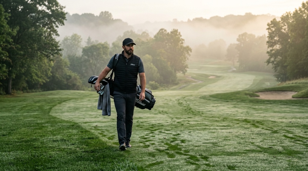 Golfer walks down a misty fairway wearing an insulated black vest.