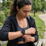 Person checking heart rate on a budget smartwatch during an outdoor run.