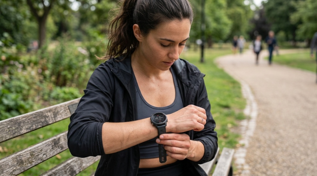 Person checking heart rate on a budget smartwatch during an outdoor run.