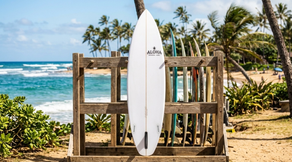 rfboard standing in a sunny Hawaiian outdoor rack