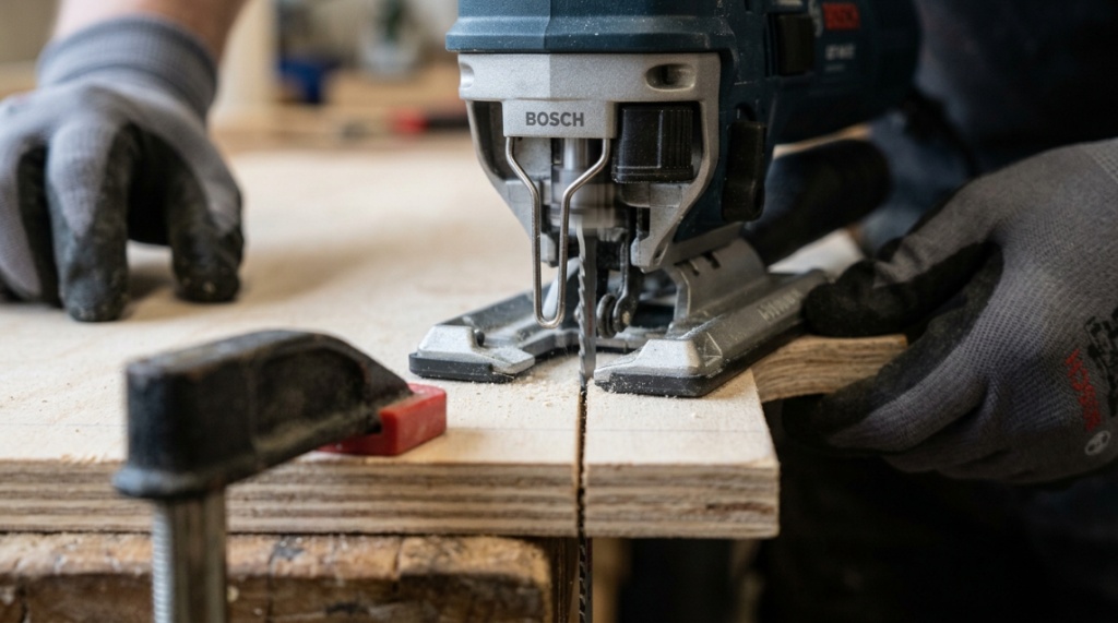 Budget jigsaw and a straight edge guide clamp on a workshop table.