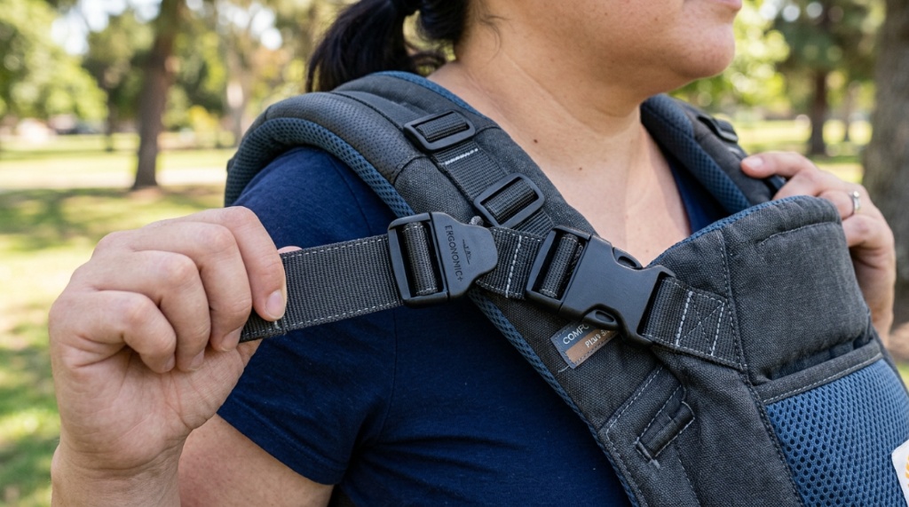 Close-up of secure buckles on a plus-size baby carrier.