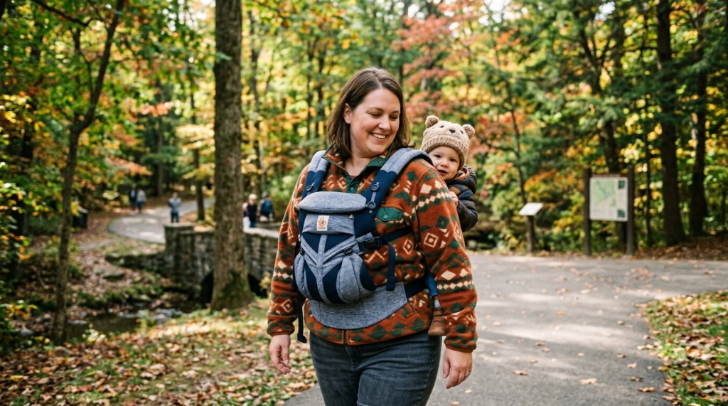 Parent wearing a plus-size baby carrier in a park in Pennsylvania.