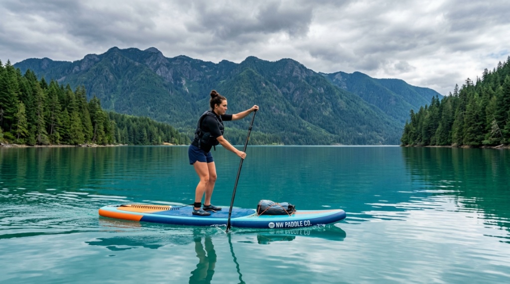 Close-up view of an affordable inflatable paddle board deck with traction pad.