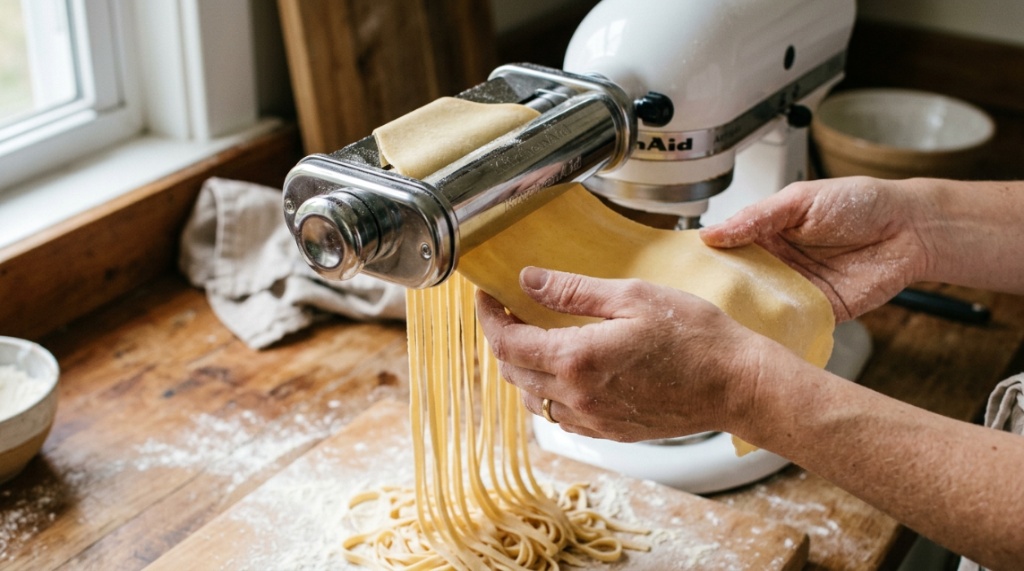 Close-up of fresh pasta dough sliding through a KitchenAid attachment.