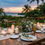 Outdoor Florida wedding reception table decorated with glowing pillar candles and hurricane glasses.
