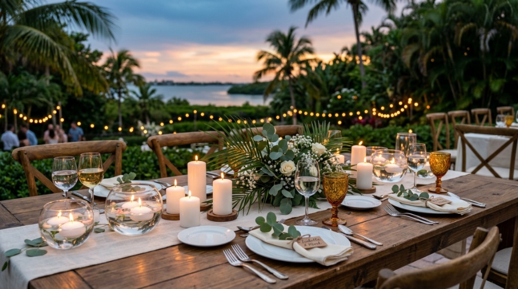 Outdoor Florida wedding reception table decorated with glowing pillar candles and hurricane glasses.