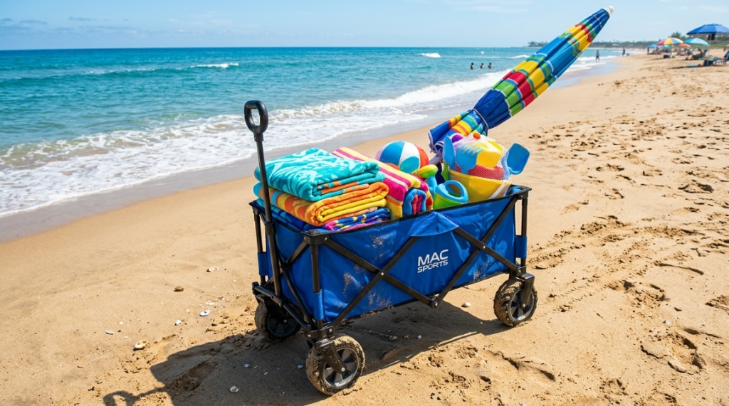 Foldable blue beach wagon packed with towels and gear on sandy shore.