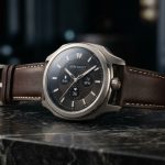 Close-up of a premium smartwatch on dark marble.