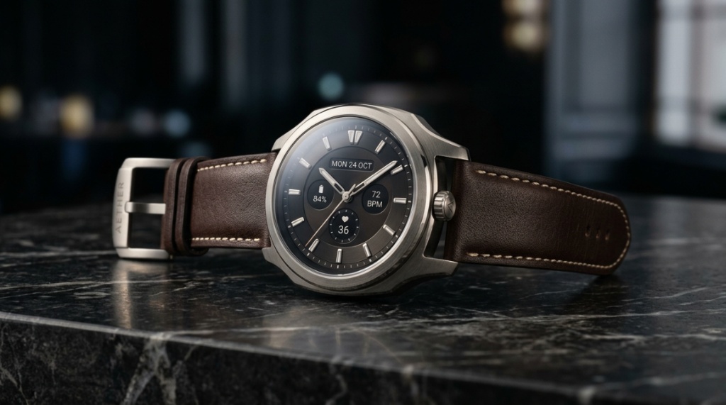 Close-up of a premium smartwatch on dark marble.