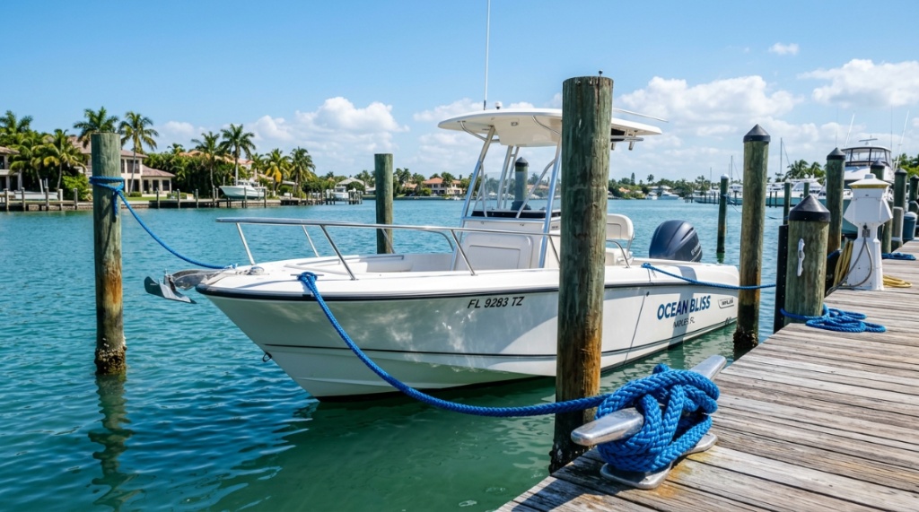White motorboat tied to wooden dock with blue lines in Florida.